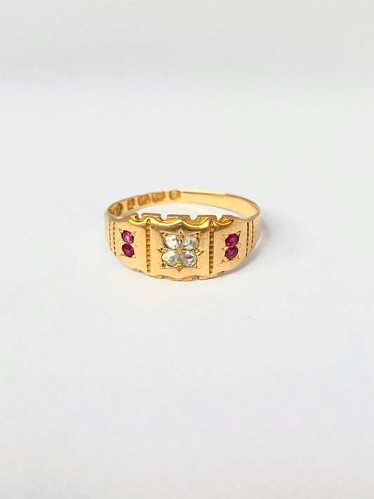 Antique, Victorian, 18ct Gold Ruby and Diamond Gypsy Flower Ring, Hallmarked Birmingham, 1881