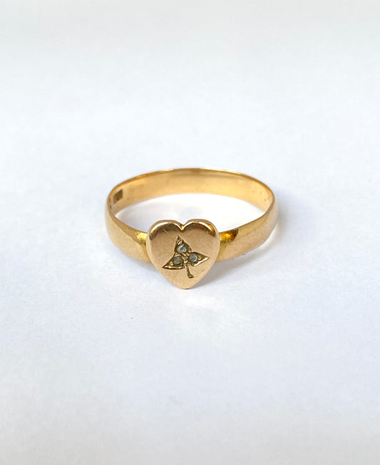 Victorian, Antique, 18ct Gold, Heart Ring with Rose Cut Diamond Ivy Motif, Hallmarked Birmingham, 1878