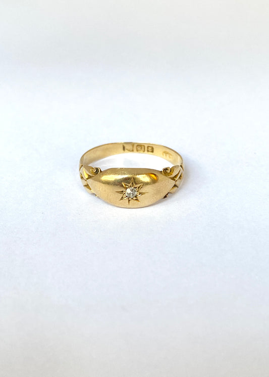 18ct Gold, Antique, Starburst Solitaire Gypsy Ring, Hallmarked 18ct Gold, Chester