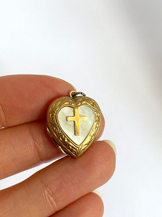 Vintage 9ct Gold (F&B) Heart locket with Mother of Pearl and Crucifix