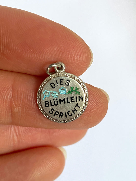 Vintage, 1930s, Solid Silver & Enamel "Dies Blumlein Spricht" Forget-me-not Flower, Disc Charm/Pendant