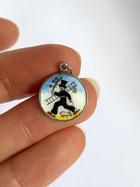 Vintage 1930s Silver & Enamel Lucky Chimney Sweep Disc Charm with Lucky Pig and Four Leaf Clover