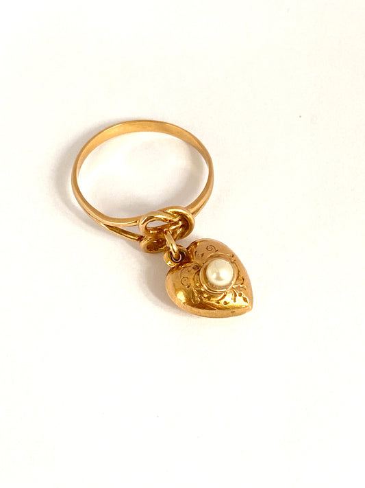 Antique, 9ct Gold, Lovers Knot Ring with Hanging Heart Charm