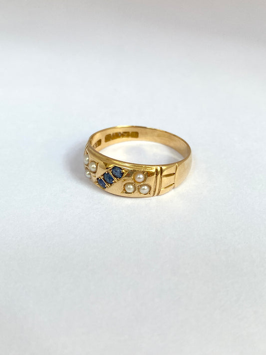 Antique, Victorian, Sapphire and Pearl Ring, Hallmarked, 18ct Gold, Birmingham, 1886