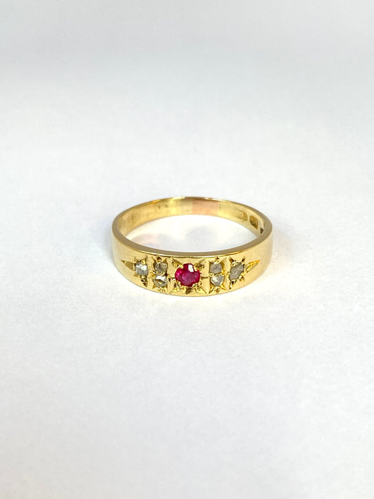 15ct Gold, Ruby and Rose cut Diamond Ring, Hallmarked for 15ct Gold