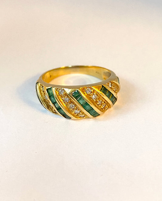 Vintage, 18ct Gold Diamond and Emerald Candy Stripe Ring