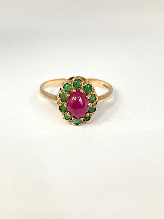 Vintage, 9ct Gold, Ruby & Emerald Cluster Ring