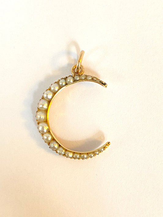 Antique, 15ct Gold Pearl Crescent Moon on a 9ct gold chain