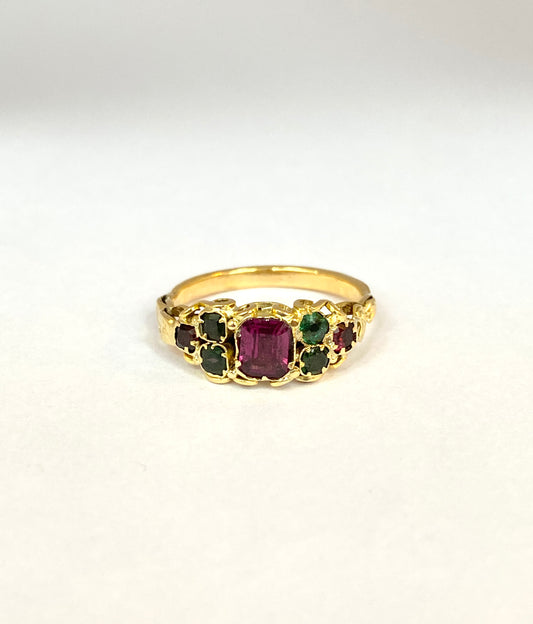 Antique, Victorian, 18ct Gold Almandine Garnet and Emerald Ring