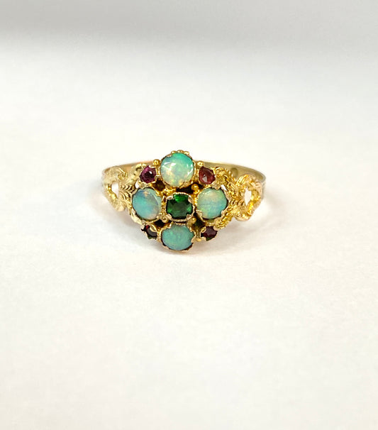 9ct Gold, Antique, Victorian Opal, Emerald and Almandine Garnet Ring, Hallmarked Birmingham, 1870