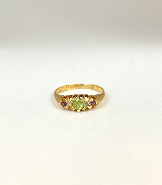 Vintage Suffragette Ring, (Amethyst, Peridot and Diamond), Hallmarked for 18ct Gold