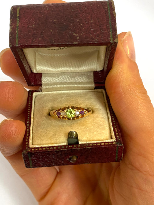 Vintage Suffragette Ring, (Amethyst, Peridot and Diamond), Hallmarked for 18ct Gold