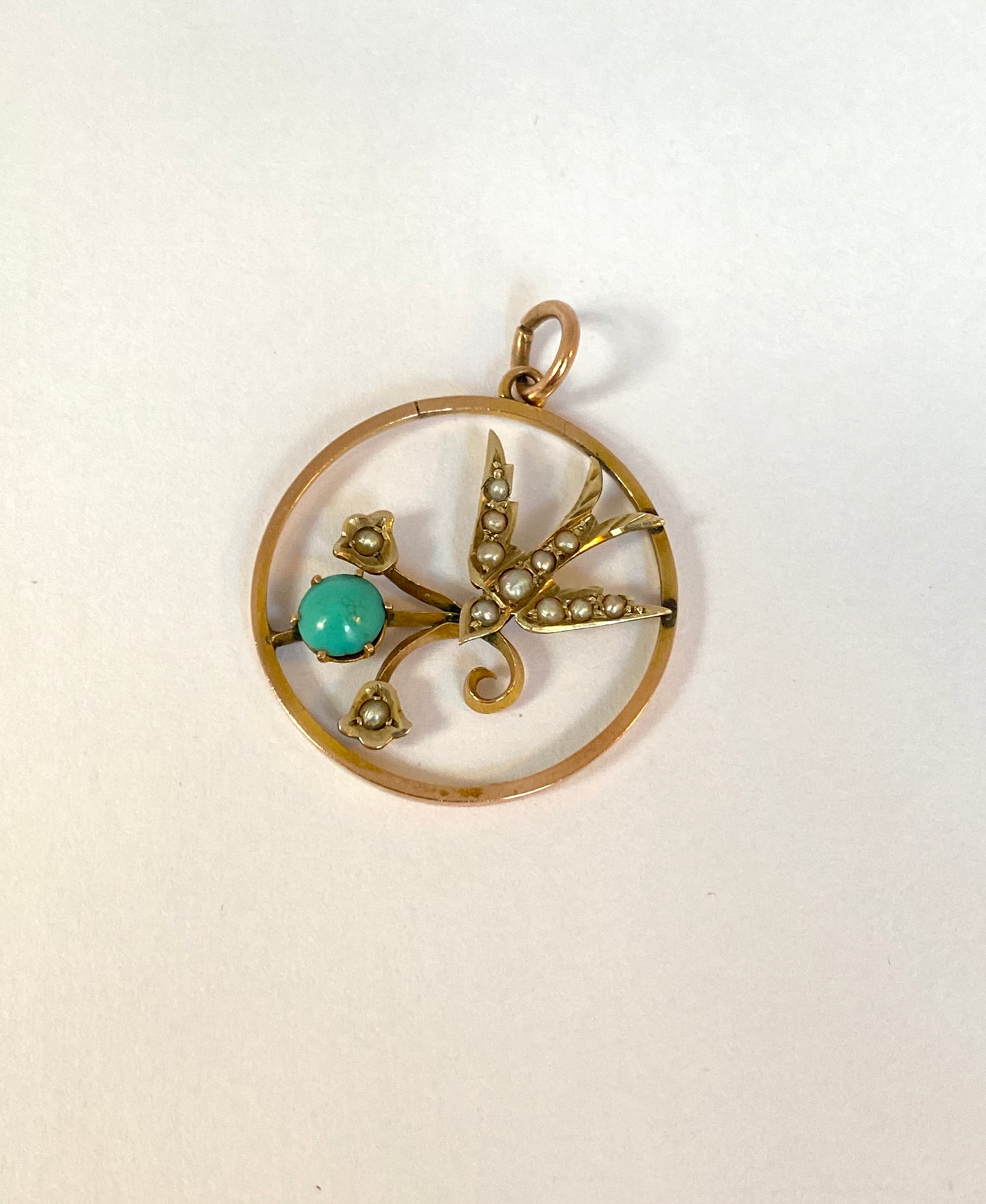 9ct Gold Seed Pearl and Turquoise Swallow Pendant