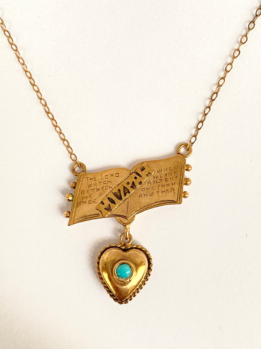 Vintage, 9ct Gold and Turquoise Puffy Heart Mizpah Necklace