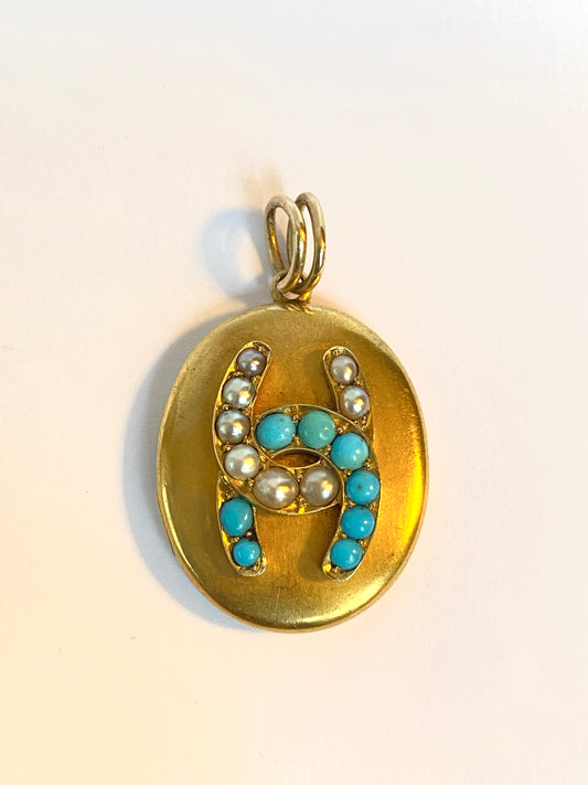 15ct Gold, Victorian Seed Pearl and Turquoise Double Horse Shoe Locket / Pendant