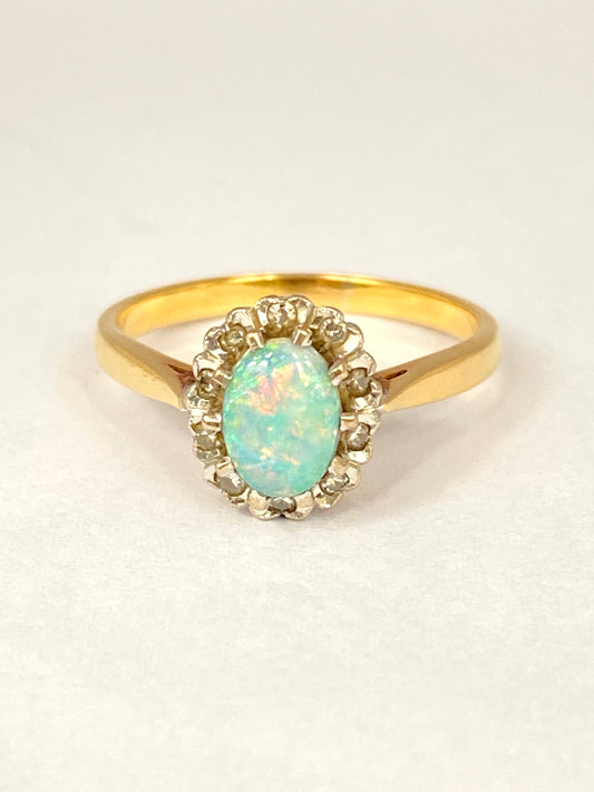 Vintage, Art Deco 18ct Gold and Platinum Opal and Diamond Cluster Ring (circa 1940s)