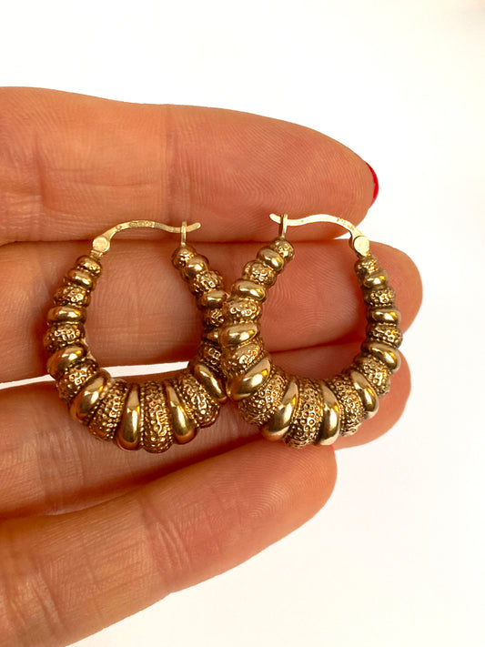 Vintage, 9ct Gold, Textured Puffy Hoop Earrings