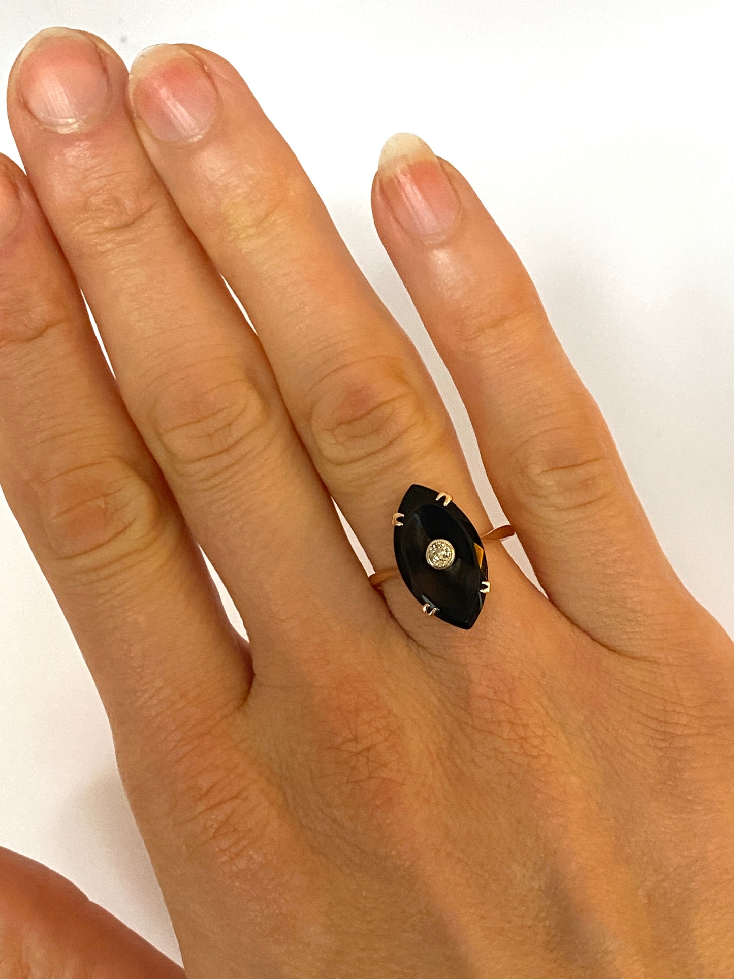 Antique, Art Deco, 9ct Gold, Black Onyx and Old Cut Diamond Marquise Ring