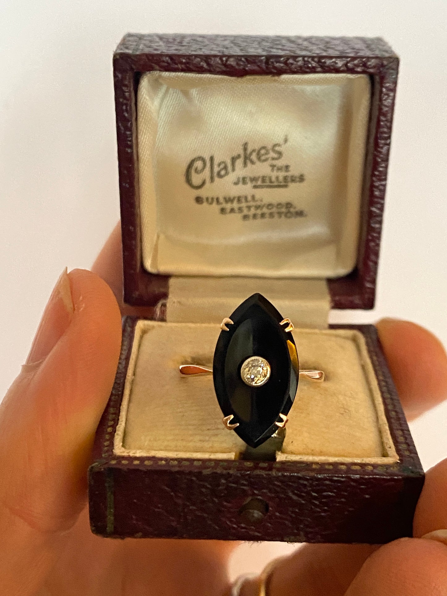 Antique, Art Deco, 9ct Gold, Black Onyx and Old Cut Diamond Marquise Ring