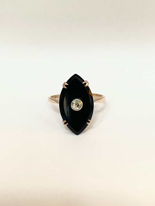 Antique, Art Deco, 9ct Gold, Black Onyx and Old Cut Diamond Marquise Ring