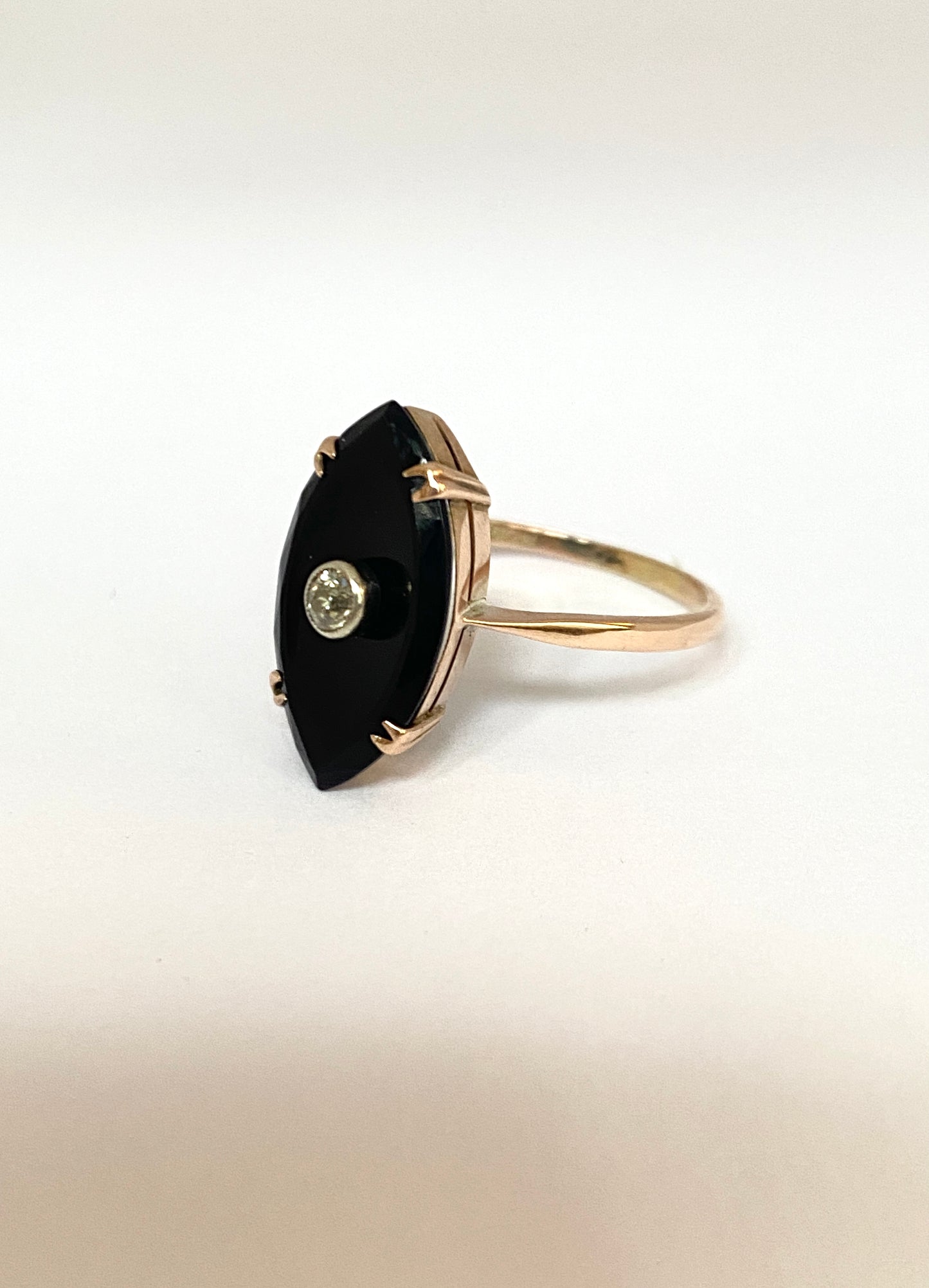 Antique, Art Deco, 9ct Gold, Black Onyx and Old Cut Diamond Marquise Ring