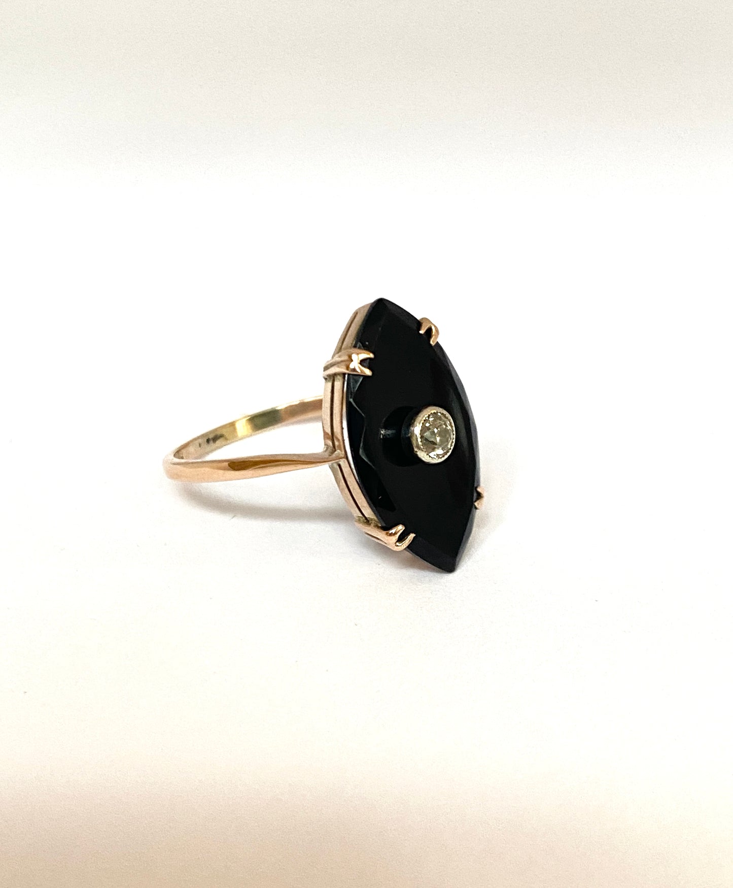 Antique, Art Deco, 9ct Gold, Black Onyx and Old Cut Diamond Marquise Ring