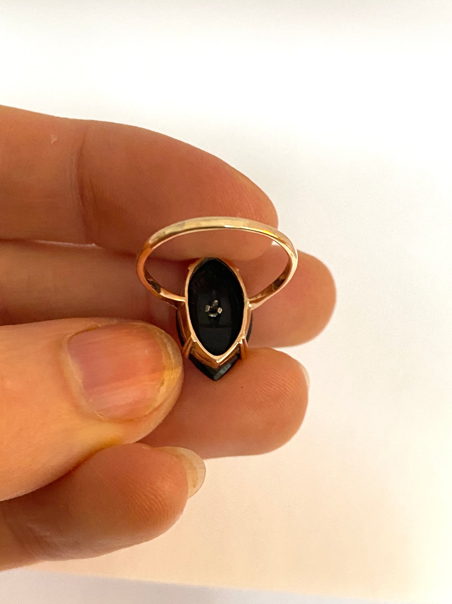 Antique, Art Deco, 9ct Gold, Black Onyx and Old Cut Diamond Marquise Ring