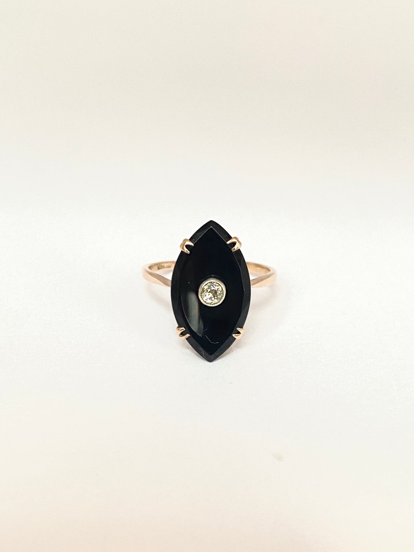 Antique, Art Deco, 9ct Gold, Black Onyx and Old Cut Diamond Marquise Ring