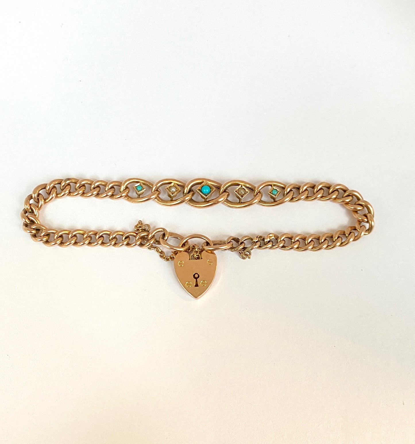 Antique Edwardian 9ct Gold Curb Chain Bracelet with Turquoise and Seed Pearls and a Heart Padlock Clasp.