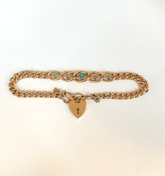 Antique Edwardian 9ct Gold Curb Chain Bracelet with Turquoise and Seed Pearls and a Heart Padlock Clasp.