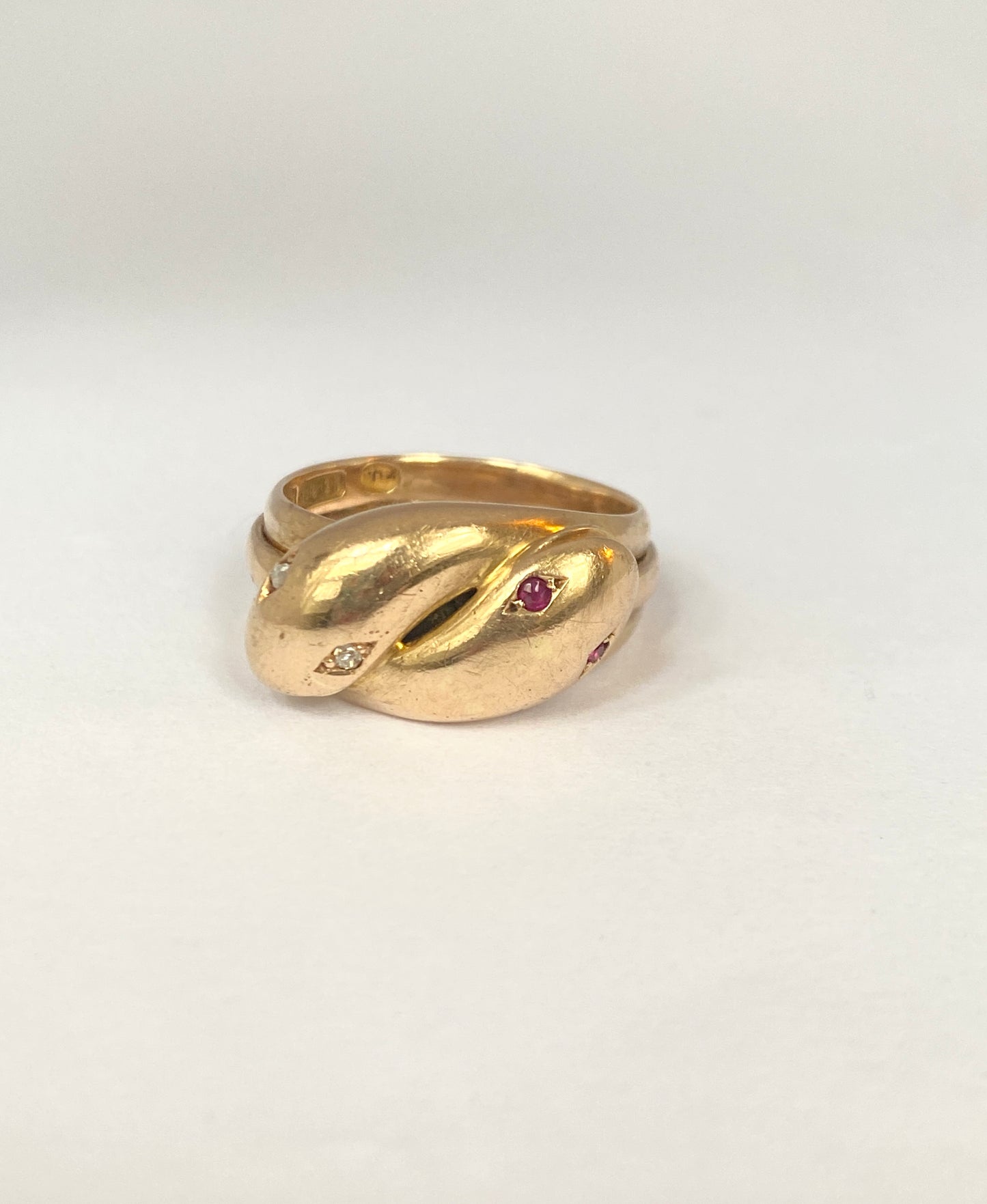 Antique, Victorian 15ct Gold, Double Diamond and Ruby Snake Ring, Hallmarked Birmingham, 1898 (10.27g)