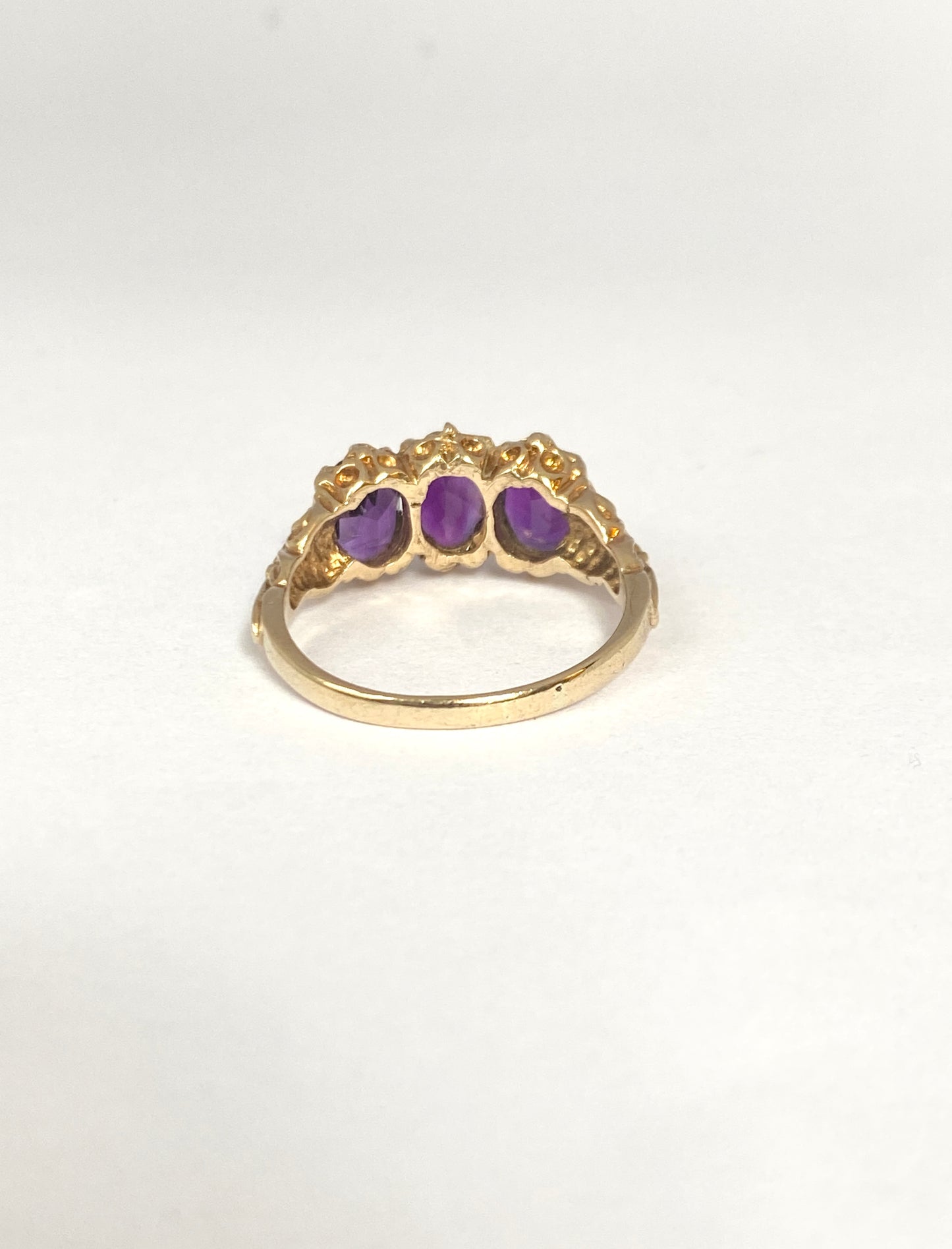 Vintage, 9ct Gold 3 Stone Amethyst Ring, Hallmarked 9ct Gold, London, 1976