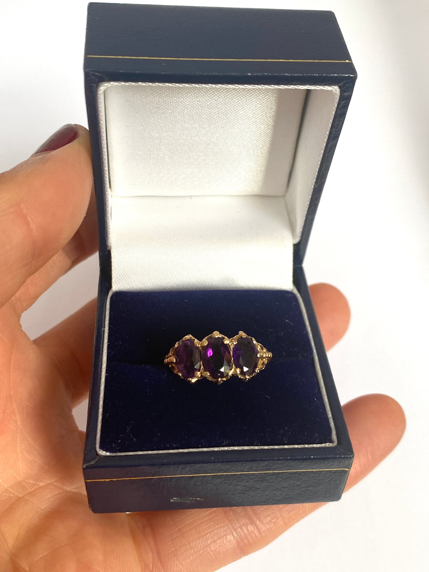 Vintage, 9ct Gold 3 Stone Amethyst Ring, Hallmarked 9ct Gold, London, 1976