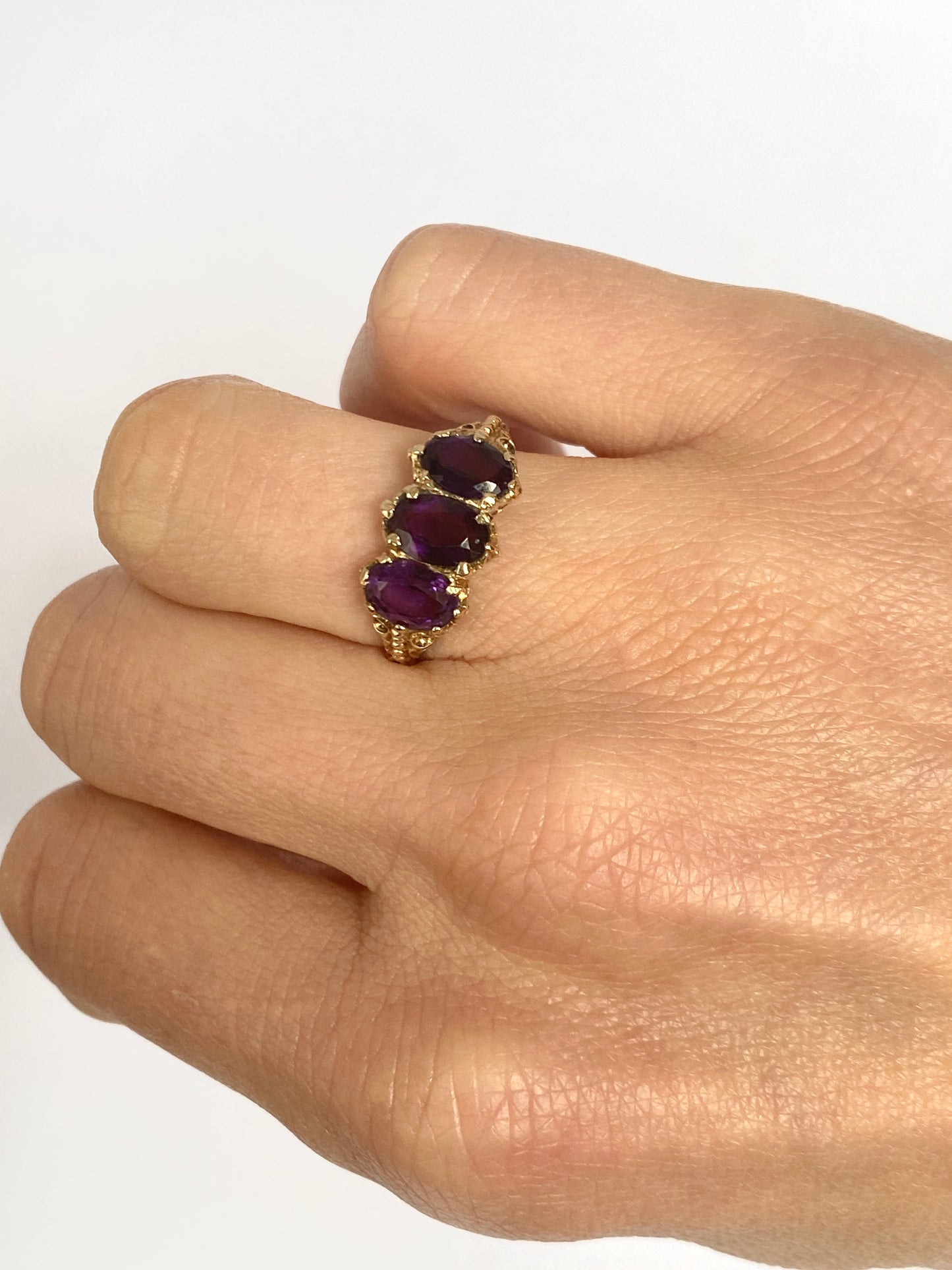 Vintage, 9ct Gold 3 Stone Amethyst Ring, Hallmarked 9ct Gold, London, 1976