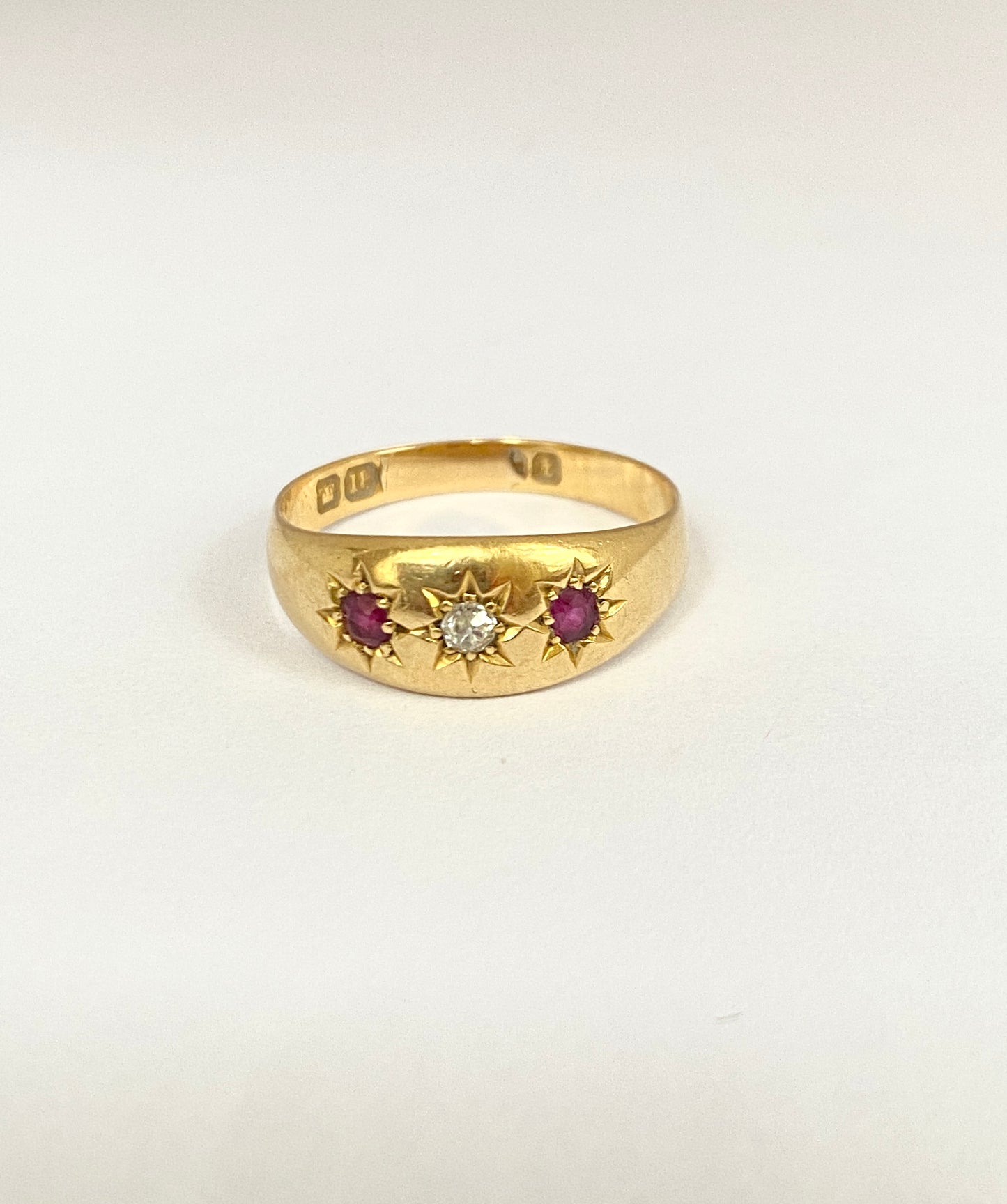 Antique 18ct Ruby And Diamond Gypsy Ring, Hallmarked for 18ct Gold, Birmingham 1893