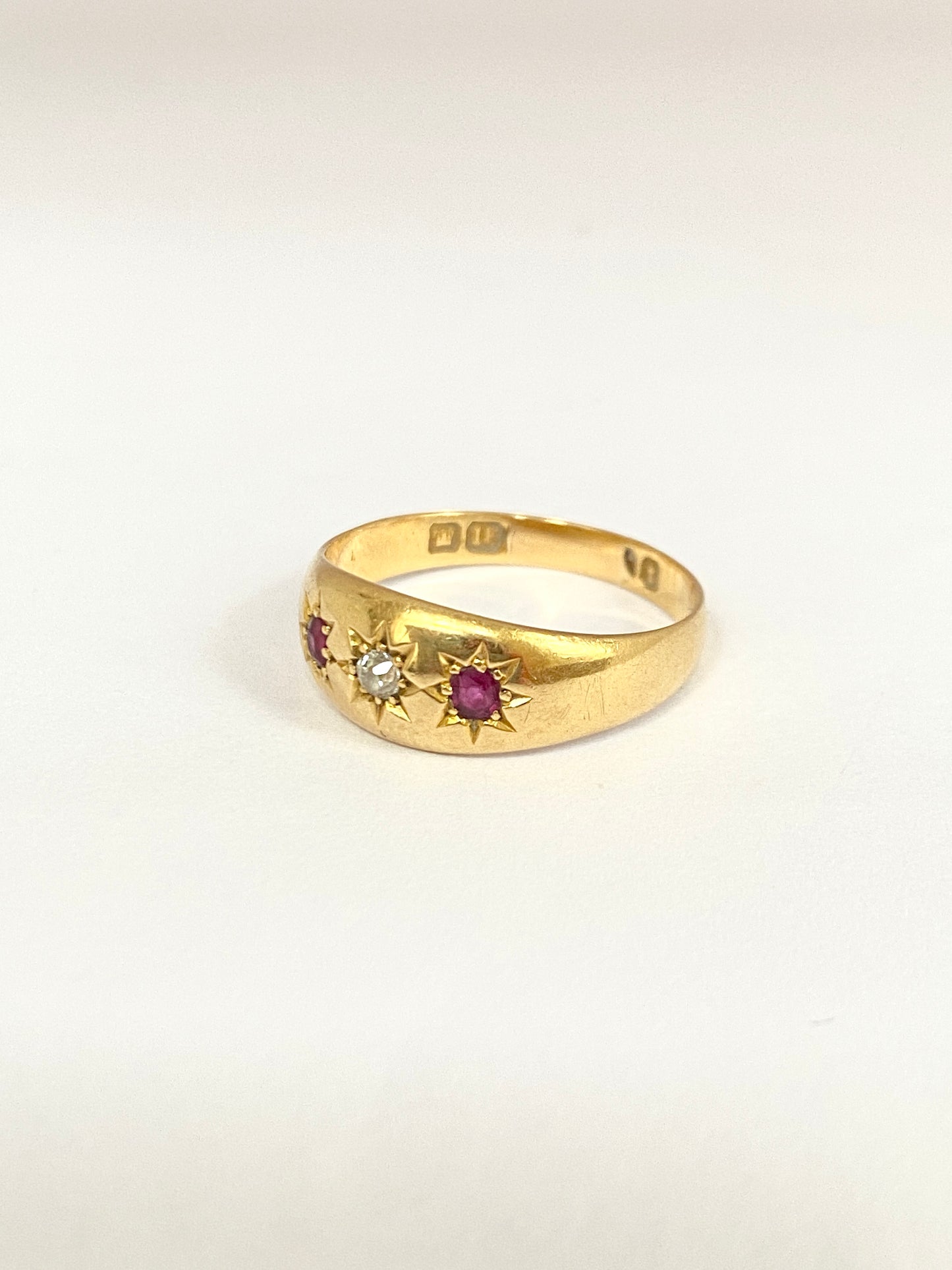 Antique 18ct Ruby And Diamond Gypsy Ring, Hallmarked for 18ct Gold, Birmingham 1893