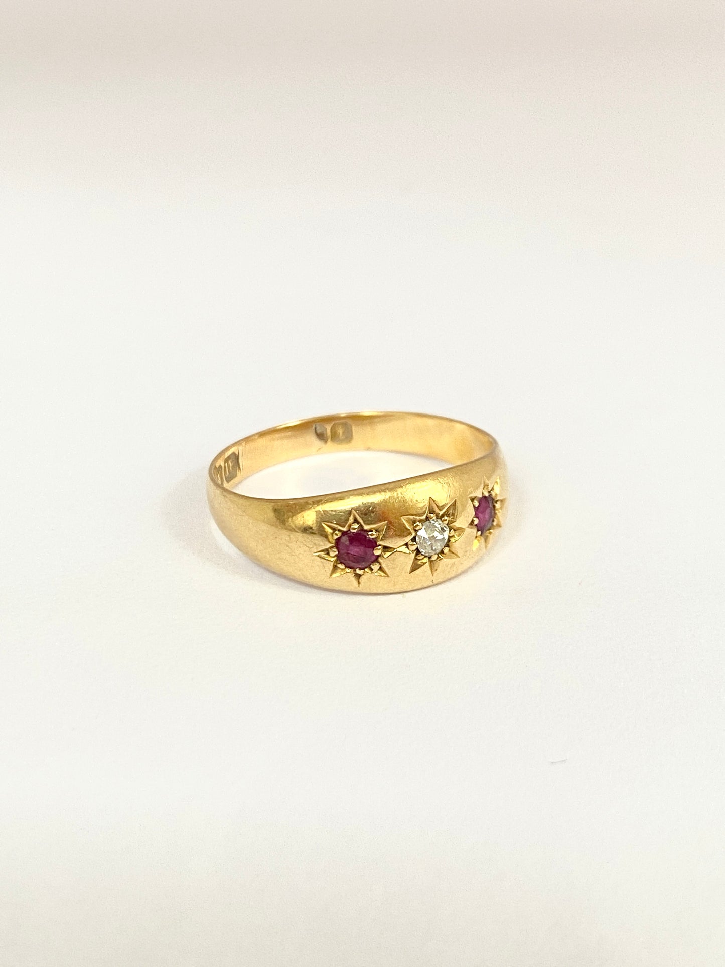 Antique 18ct Ruby And Diamond Gypsy Ring, Hallmarked for 18ct Gold, Birmingham 1893