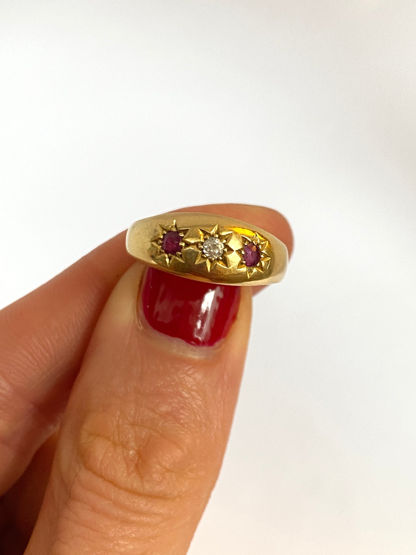 Antique 18ct Ruby And Diamond Gypsy Ring, Hallmarked for 18ct Gold, Birmingham 1893