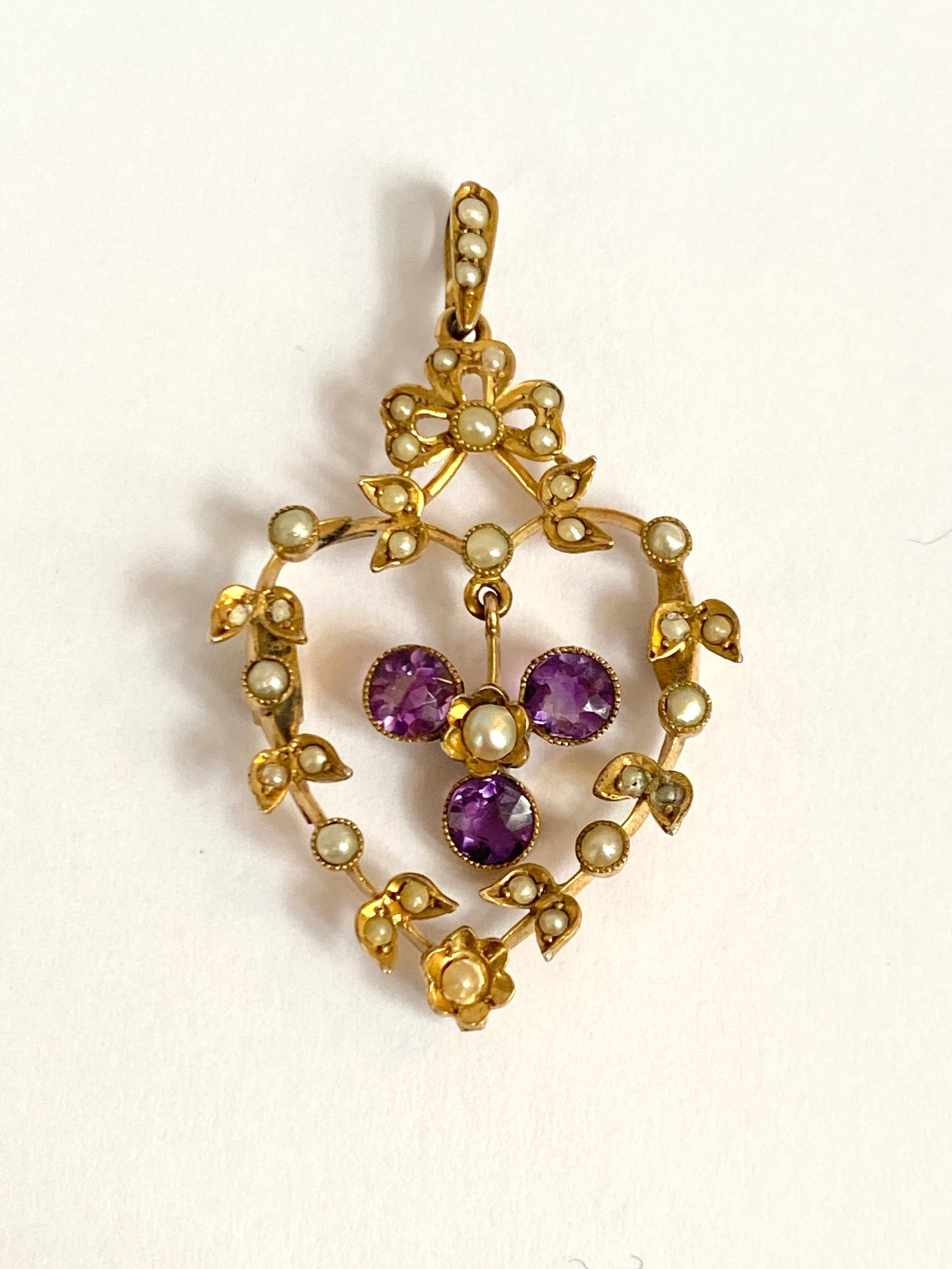 Antique, 9ct Gold, Amethyst and Seed Pearl Heart Pendant