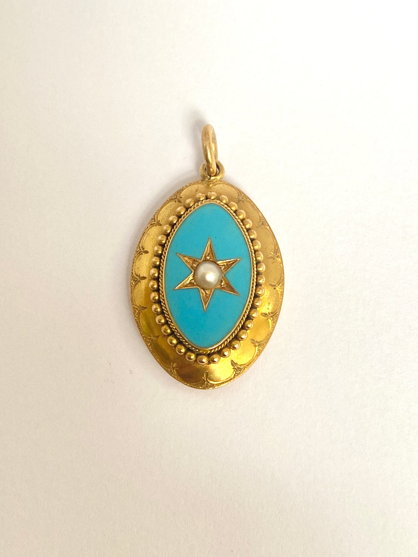 Solid 15ct Gold, Victorian, Blue Enamel and Pearl Starburst Locket backed pendant