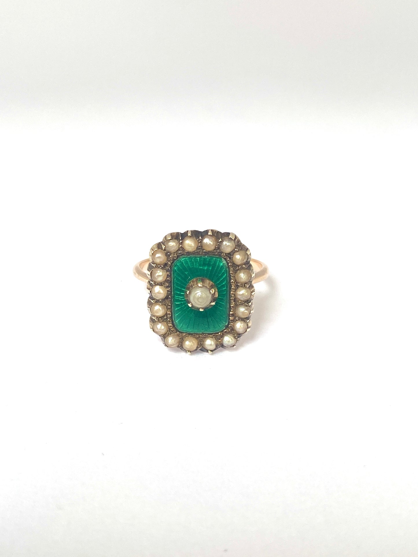 Antique, Early Victorian, 9ct Gold, Green Enamel and Seed Pearl Ring