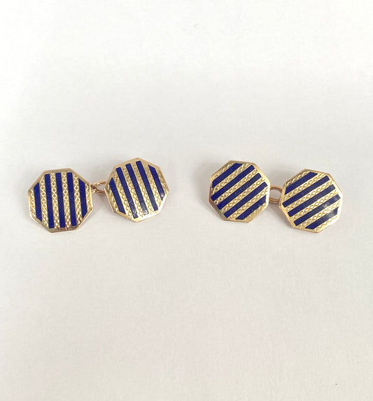 9ct Gold, Art Deco Blue Enamel and Gold Octagon Cufflinks