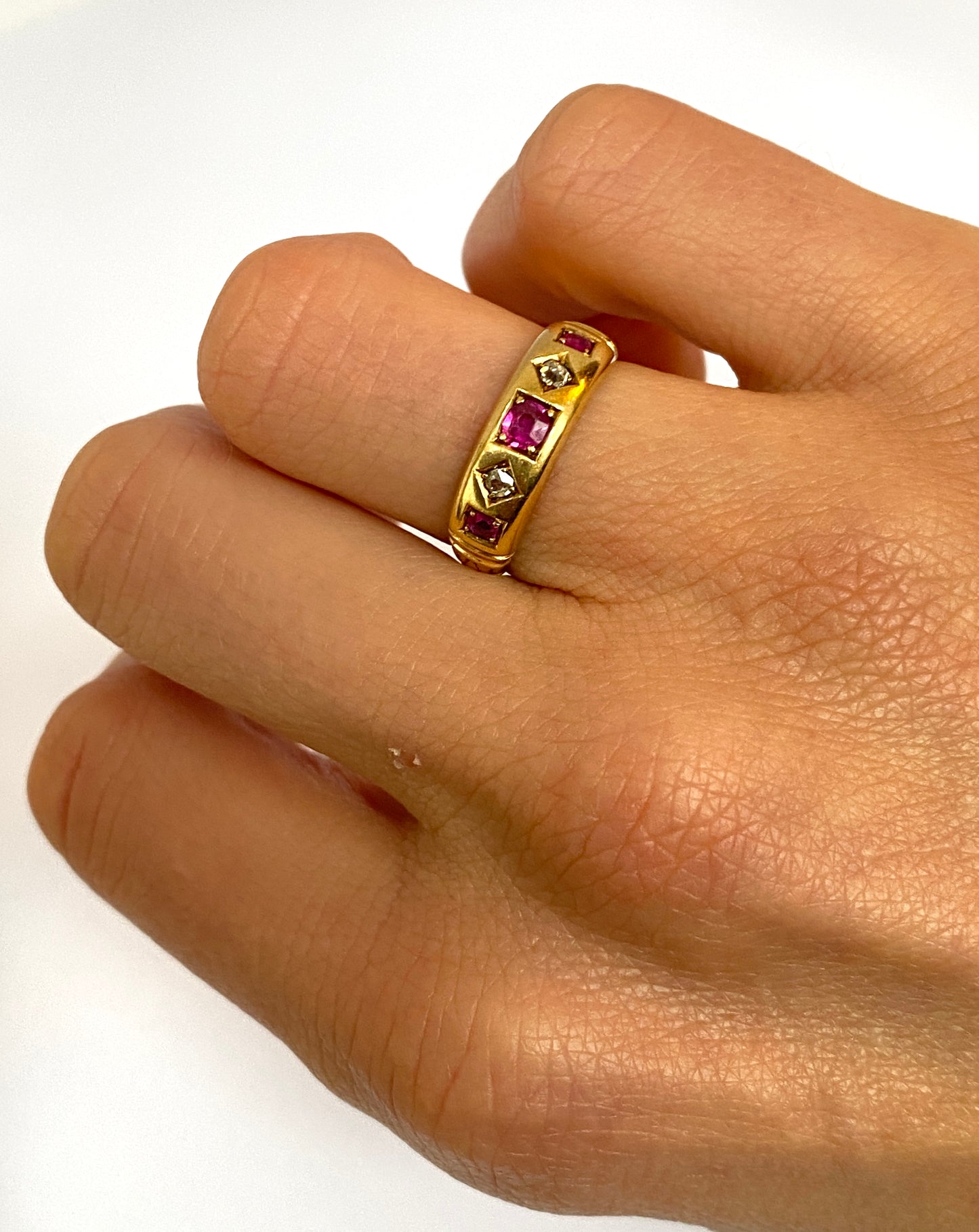 RESERVED JAIME Victorian, 18ct Gold Ruby and Diamond Gypsy Ring, Hallmarked Birmingham, 1884 (4.18g)