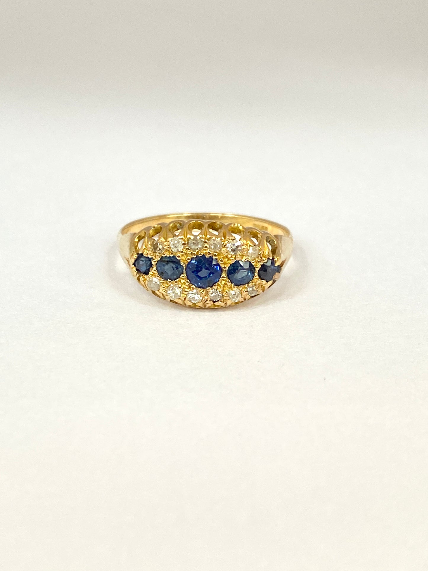 Vintage, 18ct Gold Triple Row Diamond and Sapphire Engaement Ring, Hallmarked for 18ct Gold