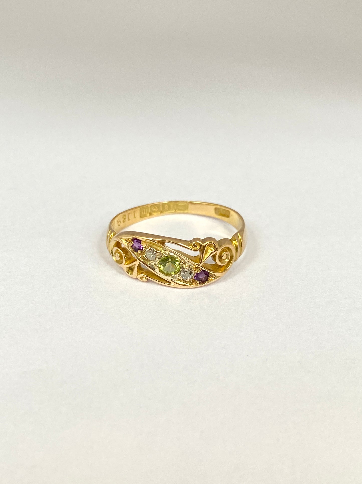 Antique, Edwardian, Suffragette Colours Ring, (Amethyst, Peridot and Diamond), Hallmarked for 18ct Gold, Birmingham, 1911