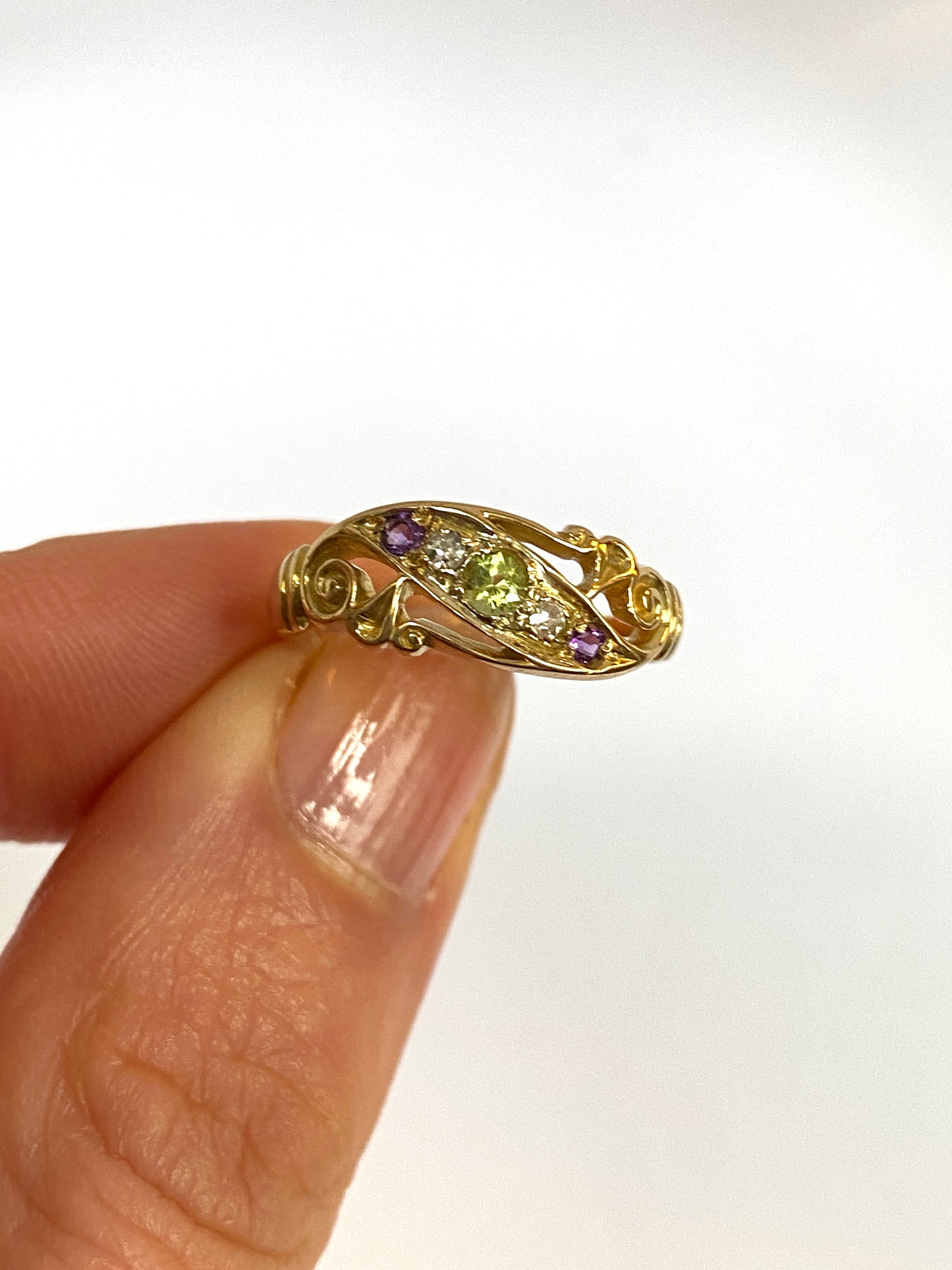 Antique, Edwardian, Suffragette Colours Ring, (Amethyst, Peridot and Diamond), Hallmarked for 18ct Gold, Birmingham, 1911