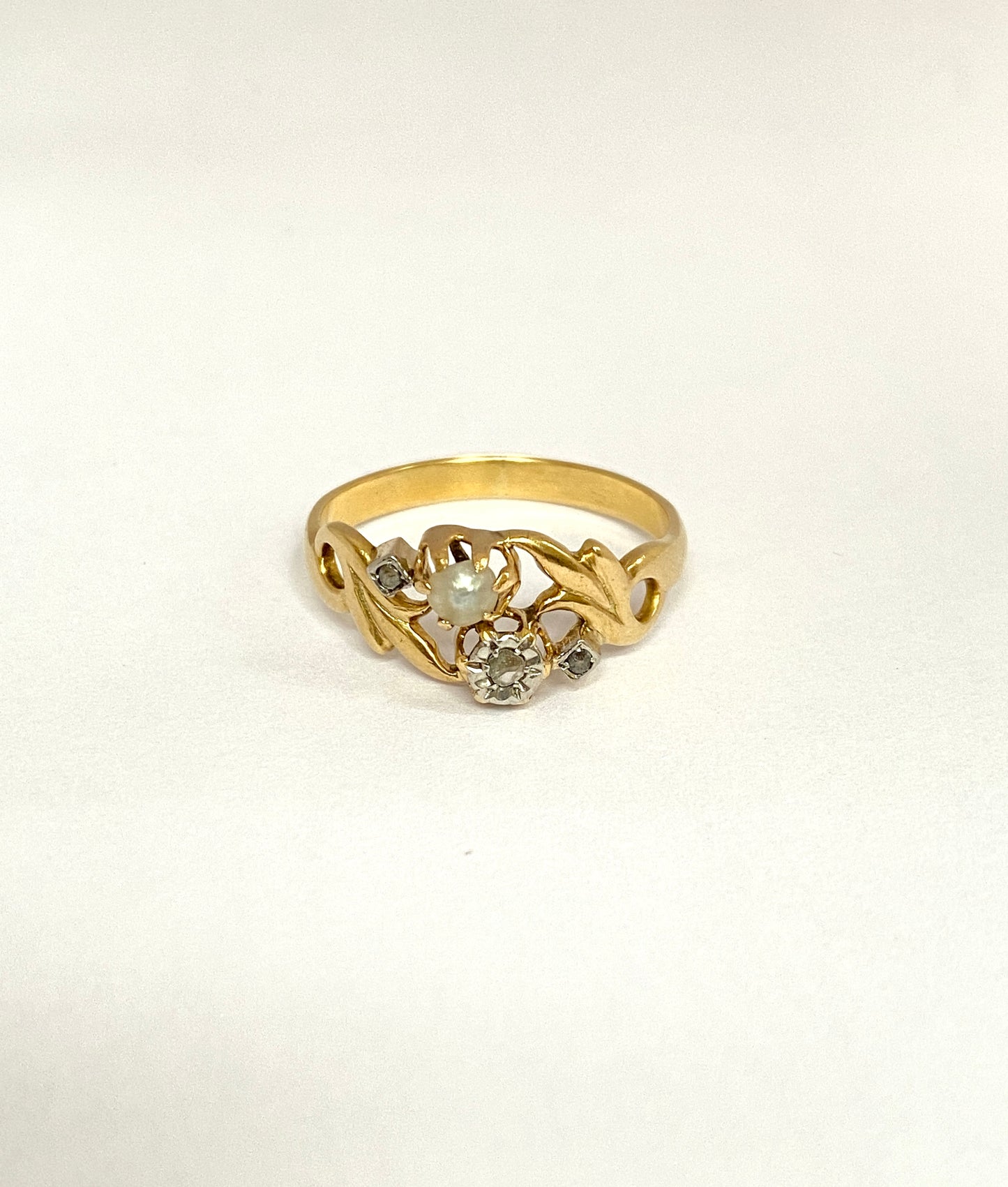 French, Antique, 18ct Gold, Art Nouveau Diamond and Pearl Ring