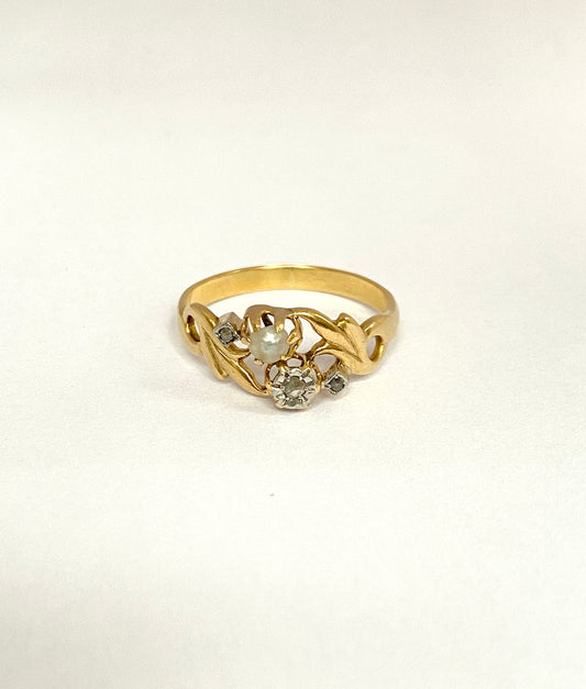 French, Antique, 18ct Gold, Art Nouveau Diamond and Pearl Ring