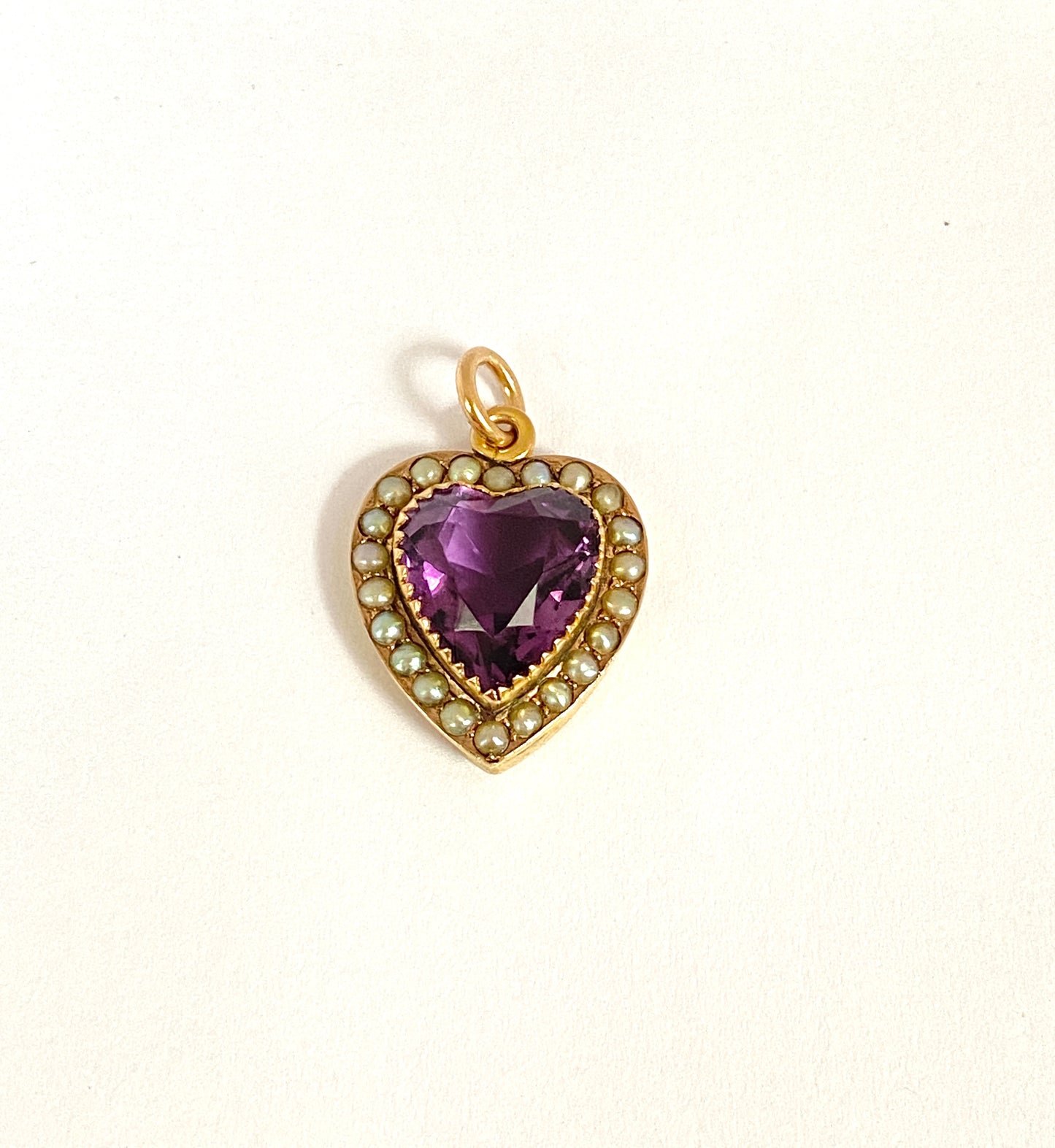 Victorian 9ct Gold, Amethyst Heart Pendant with Seed Pearls