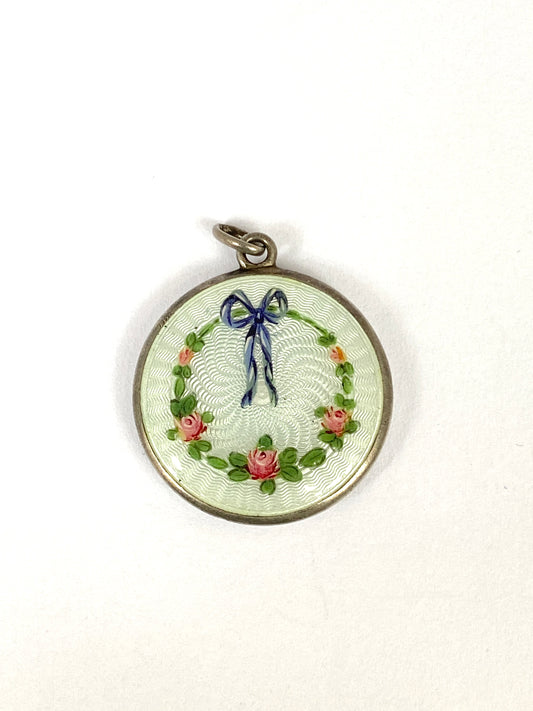 Art Deco, Silver, Blue Pink and Green Floral Guilloche Enamel Pendant